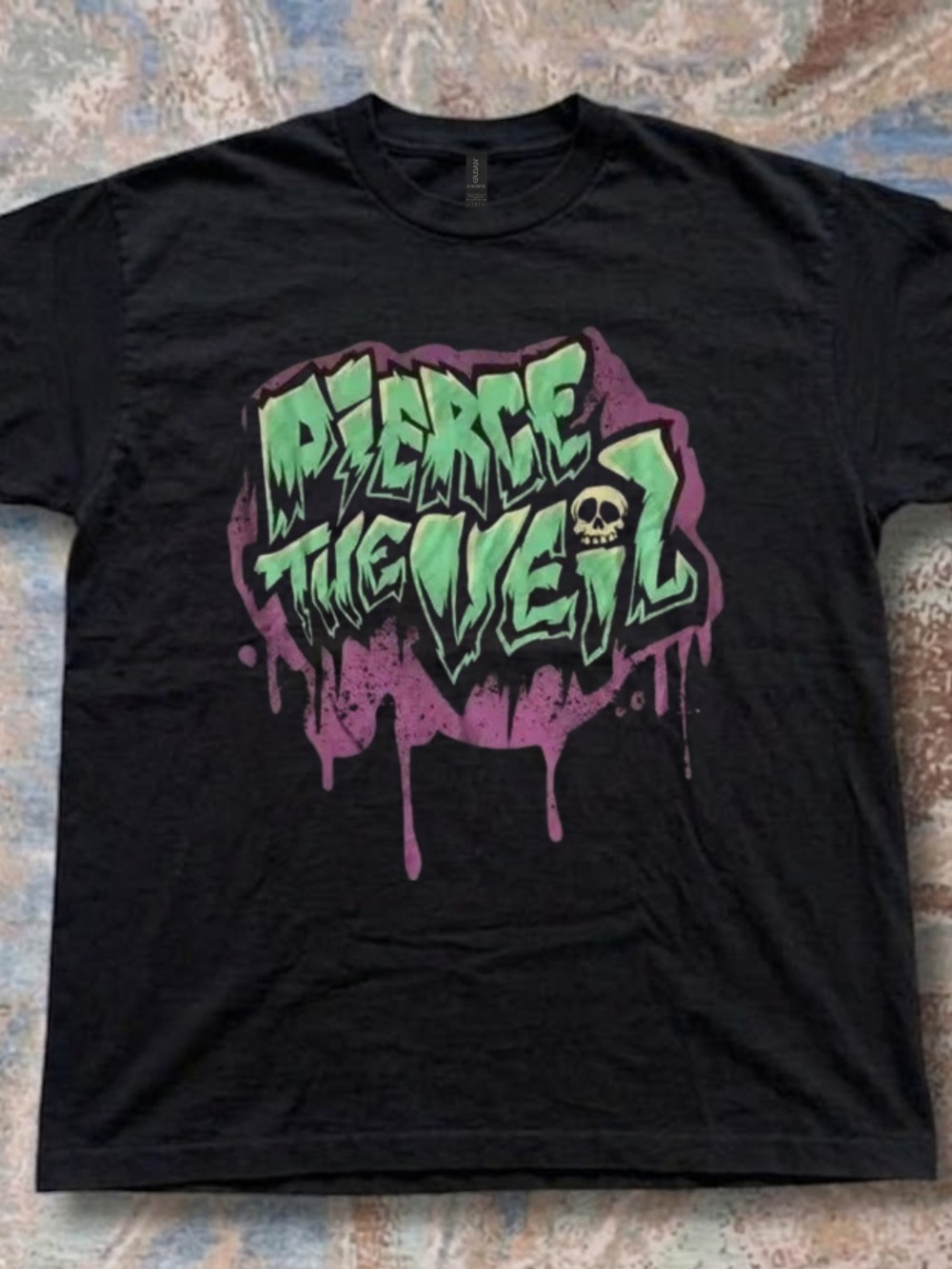 Gildan Black Tee with Green and Purple Band Graphic